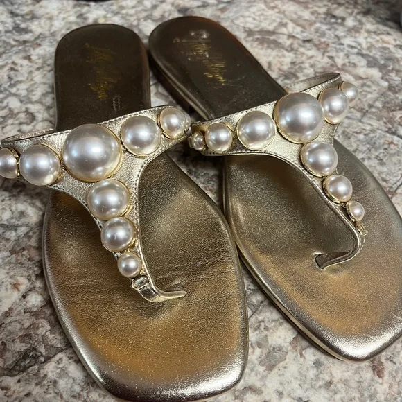 Lilly Pulitzer Cloe Gold Sandals with Pearl Embellishments - Picture 6 of 7